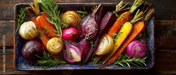 Fototapeta Roasted root vegetables arranged beautifully in a rustic bowl. A vibrant mix of colors and textures.