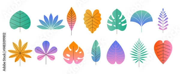 Fototapeta Summer tropic leaves design collection. Geometric simple, flat, modern style with color gradient texture. Trendy jungle foliage illustrations set.