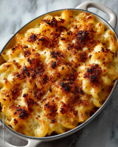 Fototapeta Baked mac and cheese with golden breadcrumbs in a cozy kitchen