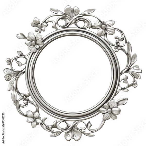 Fototapeta Ornate silver circular frame with floral and leaf motifs isolated on transparent background. Decorative border element ideal for design projects