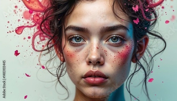 Obraz portrait of a girl with vibrant colors and butterflies.