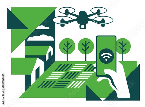 Fototapeta Smart Farming, using drones - isometric geometric design