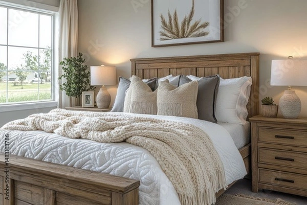 Fototapeta Cozy Minimalist Bedroom Design with Low Profile Bed