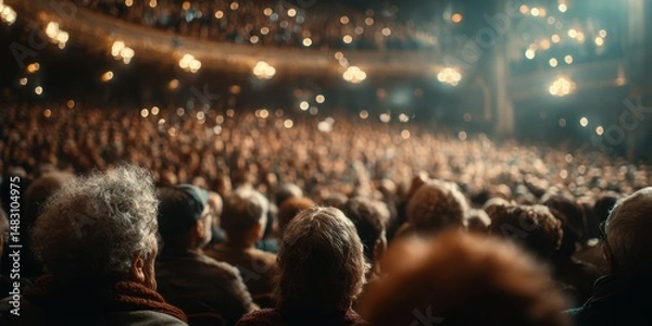Fototapeta Audience enjoying a performance in a grand theater illuminated by chandeliers during an evening show