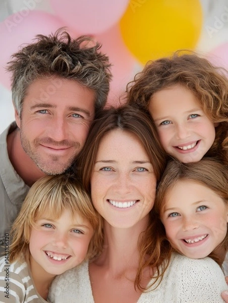 Fototapeta A happy family portrait shows a smiling couple with their three young children posing closely together for a cheerful photo.