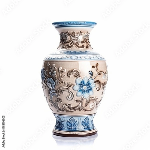 Fototapeta Antique vintage ceramic vase with floral print isolated on white background, country style home decor and interior design, post-processed, generative ai