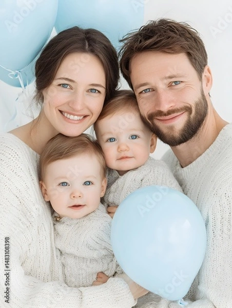 Fototapeta A happy young family with two adorable babies smiles warmly for a charming portrait photo against a bright white background.