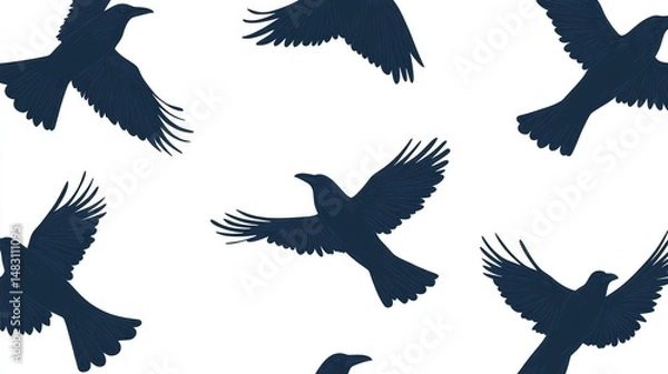 Fototapeta A seamless pattern of dark-blue birds in flight against a white background.  The birds are stylized silhouettes, shown from various angles