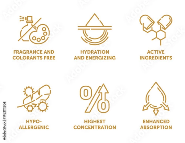 Fototapeta Collagen characteristics and benefits - square icons set in thin separated line