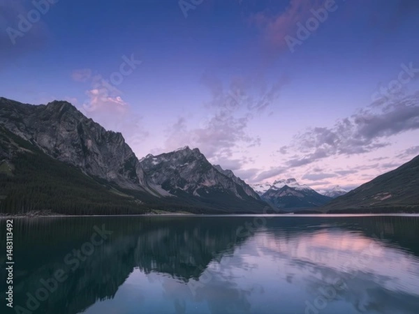 Fototapeta A calm lake reflecting mountain peaks under a twilight sky, Ai Generate.