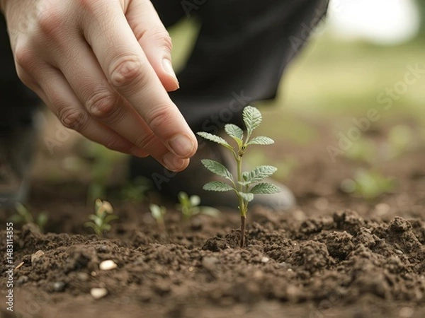 Fototapeta A close-up of a hand planting a seedling into rich soil, Ai Generate.