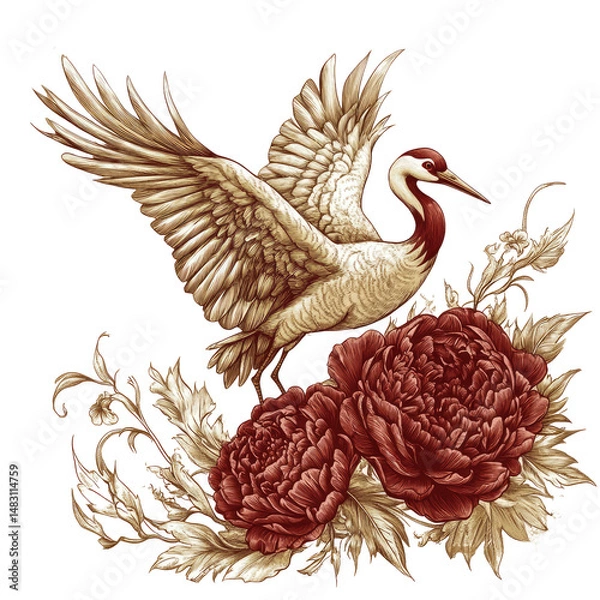 Fototapeta Vintage Illustration of a Bird with outstretched wings above flowers and foliage against a transparent background.