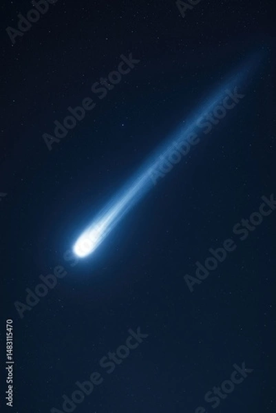 Fototapeta Bright comet or meteor streaks across the night sky, glowing in white-blue light. Celestial phenomenon symbolizing speed, impact, and astronomical beauty.