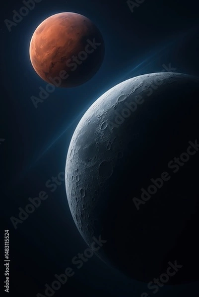Fototapeta Minimalist space composition showing two planets with dramatic light and shadow. Cosmic silence and mysterious planetary alignment in deep space.