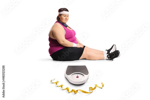 Fototapeta Sad overweight woman looking at a weight scale and measure tape