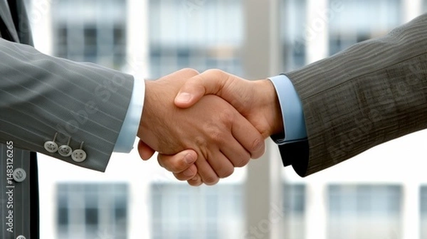 Fototapeta Two businessmen shaking hands, closing a deal in front of an office building, concept of business and finance