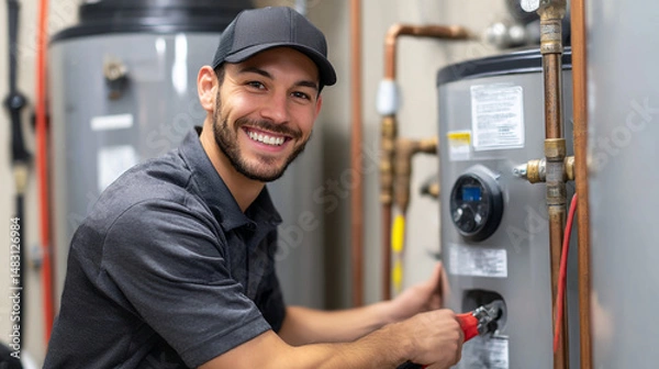 Fototapeta Happy plumber repairing water heater tank system installation service professional job man cap hot work home grey