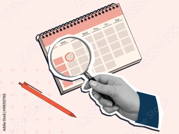 Fototapeta Hand with a magnifying glass look at the mark in calendar. Modern collage style. Vector illustration