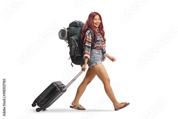 Fototapeta Asian female tourist walking with a suitcase and looking at camera
