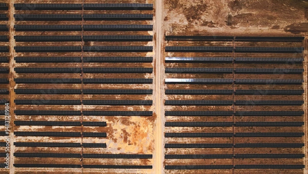 Fototapeta Drone high-angle shot of a vast solar power farm with rows of photovoltaic panels in a dry landscape, illustrating renewable energy and sustainable technology infrastructure.