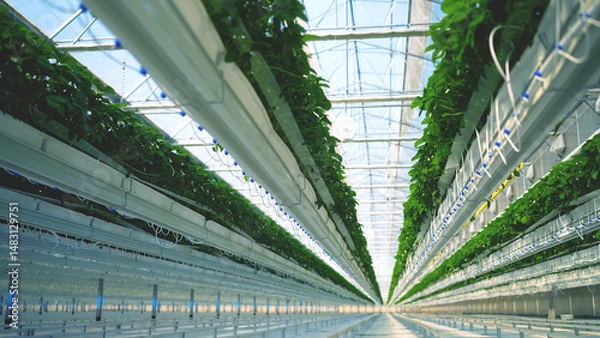 Fototapeta Symmetrical rows of hydroponic strawberry plants inside a greenhouse. Modern vertical farming system with irrigation lines in a controlled, clean environment.