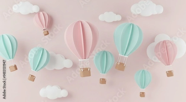 Fototapeta Pastel Hot Air Balloons and Clouds Floating on Pink Background Scene