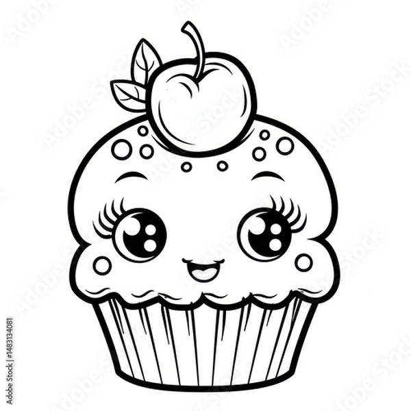 Fototapeta Cartoon cupcake character smiling, sporting oversized eyes and vibrant cherry, inspiring playful coloring moments for young artists