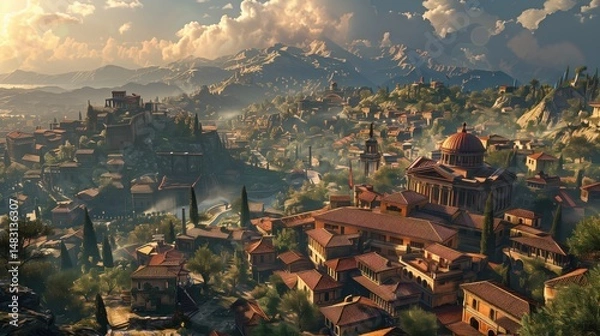Fototapeta Panoramic landscape revealing ancient Roman urban settlement within mountainous valley, glowing under golden sunset illumination