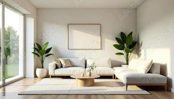 Fototapeta Serene minimalist living room with neutral tones, simple furniture, and natural light Plants add a touch of life , grey, airy, nordic