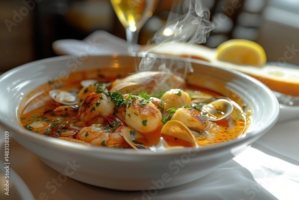 Fototapeta Delicious seafood soup with shrimps, scallops, clams and piece of bread, served in elegant restaurant with glass of white wine