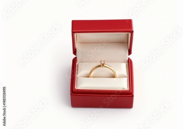 Fototapeta Sparkling diamond ring nestling inside luxe red velvet jewelry box, symbolizing romantic commitment against pure white backdrop