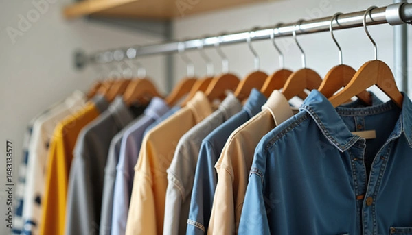 Obraz A row of men's shirts hanging on hangers.