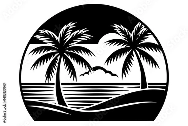Fototapeta Palm trees on beach in silhouette vector illustration