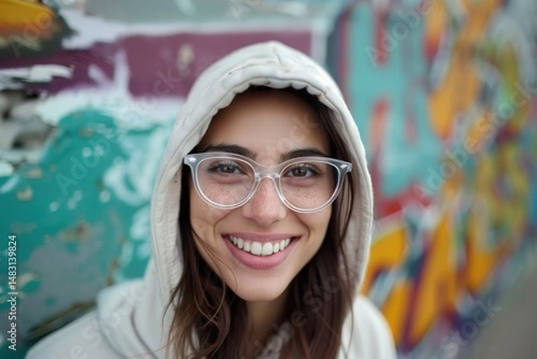 Fototapeta Portrait of a cheerful young woman with eyeglasses and freckles smiling in front of a colorful graffiti wall