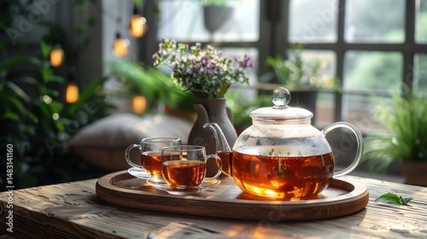 Fototapeta Glass teapot and two cups of hot tea on wooden tray, creating cozy atmosphere in front of window
