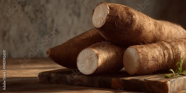 Fototapeta Close-up of several yuca roots on a rustic wooden board. The warm lighting and earthy tones create a natural and inviting feel.