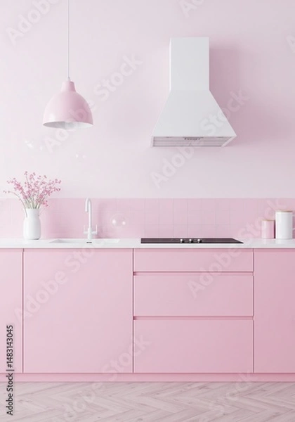 Fototapeta 優しいピンクのキッチン 清潔感漂うシンプルデザイン