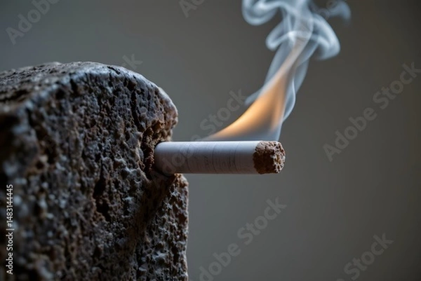 Fototapeta Burning Cigarette: A burning cigarette sticks out of a rough surface with smoke rising up. This photo serves as a stark reminder of the dangers of smoking.