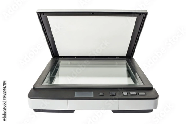 Fototapeta Flatbed scanner with open lid and control buttons visible on the front panel.