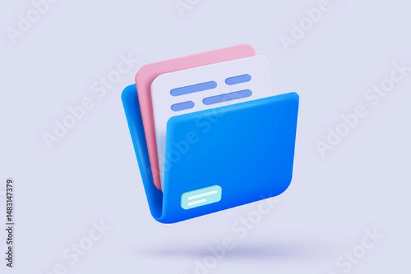 Fototapeta 3d folder and paper sheet for management multimedia file cyberspace, document efficient work on project plan. Image paperwork and video document folder icon. 3d picture icon vector render Illustration