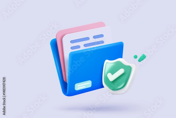 Fototapeta 3d folder and paperwork for management file with shield protection, document organization work on project. Document with secret files icon. 3d folder secure protect icon vector render illustration