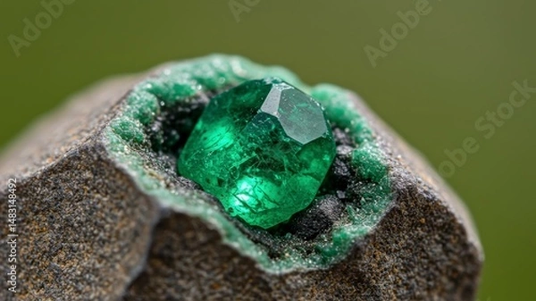 Fototapeta Vibrant Green Emerald Crystal on Dark Rock Base with Detailed Facets and Luster