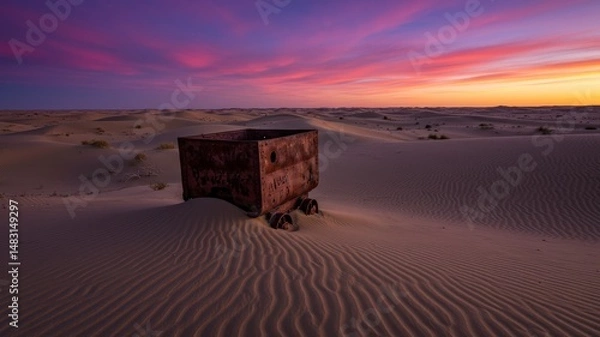Fototapeta Weathered Brick Structure Amidst Sand Dunes Under A Vibrant Sunset Sky