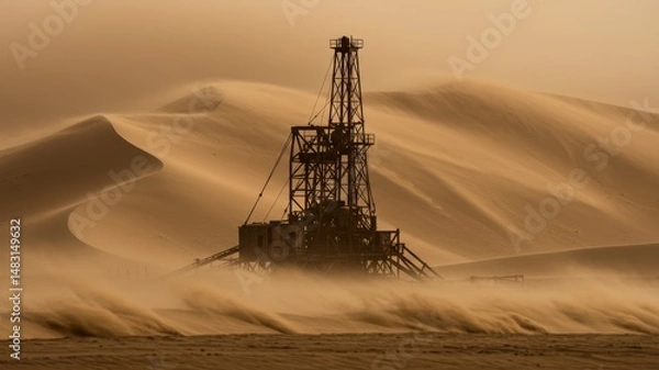 Fototapeta Weathered Industrial Drilling Rig Standing In A Dusty Desert Landscape Under A Turbulent Sky
