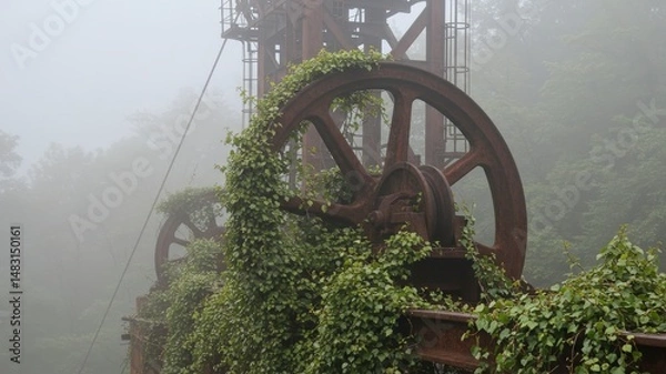 Fototapeta Weathered Rusty Industrial Wheel Covered In Lush Green Vines Against A Misty Backdrop