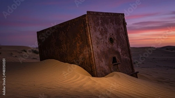 Fototapeta Weathered Rectangular Structure Embedded In Desert Sand Under A Colorful Evening Sky