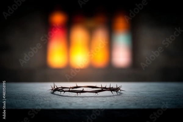 Fototapeta Symbolic crown of thorns resting on stone altar with stained glass background, perfect for religious reflection or spiritual design