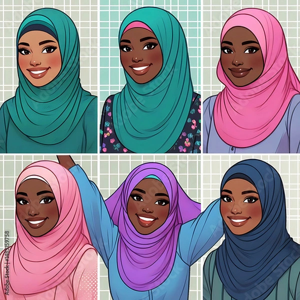 Fototapeta Muslim community. Diverse Muslim Women in Colorful Hijabs Celebrating