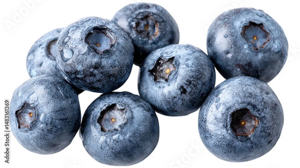 Fototapeta Closeup of fresh juicy blueberries isolated on macro photography of sweet berries delicious healthy food image wet on transparent background