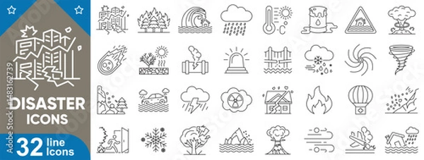 Fototapeta Disaster icons set. Earthquake, flood, tsunami, hurricane, tornado, wildfire, landslide, volcano eruption, drought, avalanche, thunderstorm, hailstorm emergency symbols and more. Vector illustration